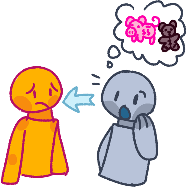 a grey person staring at a confused yellow person. Coming out of the grey person is a speech bubble that has a teddy bear and piggy bank inside. Pointing to the yellow person from the grey person is a small light blue arrow.